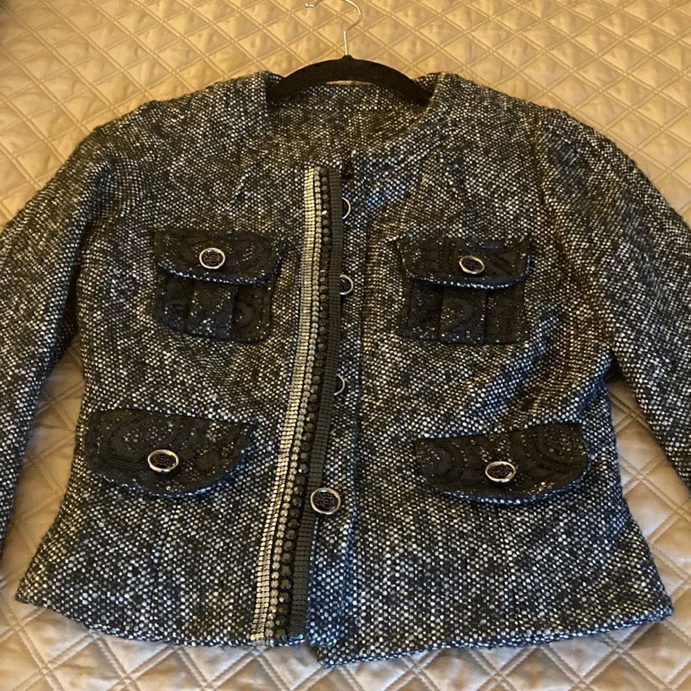 Cara Lotti Paris Santiago Tweed Jacket with Black Lace, Beads, Rhinestone Detail